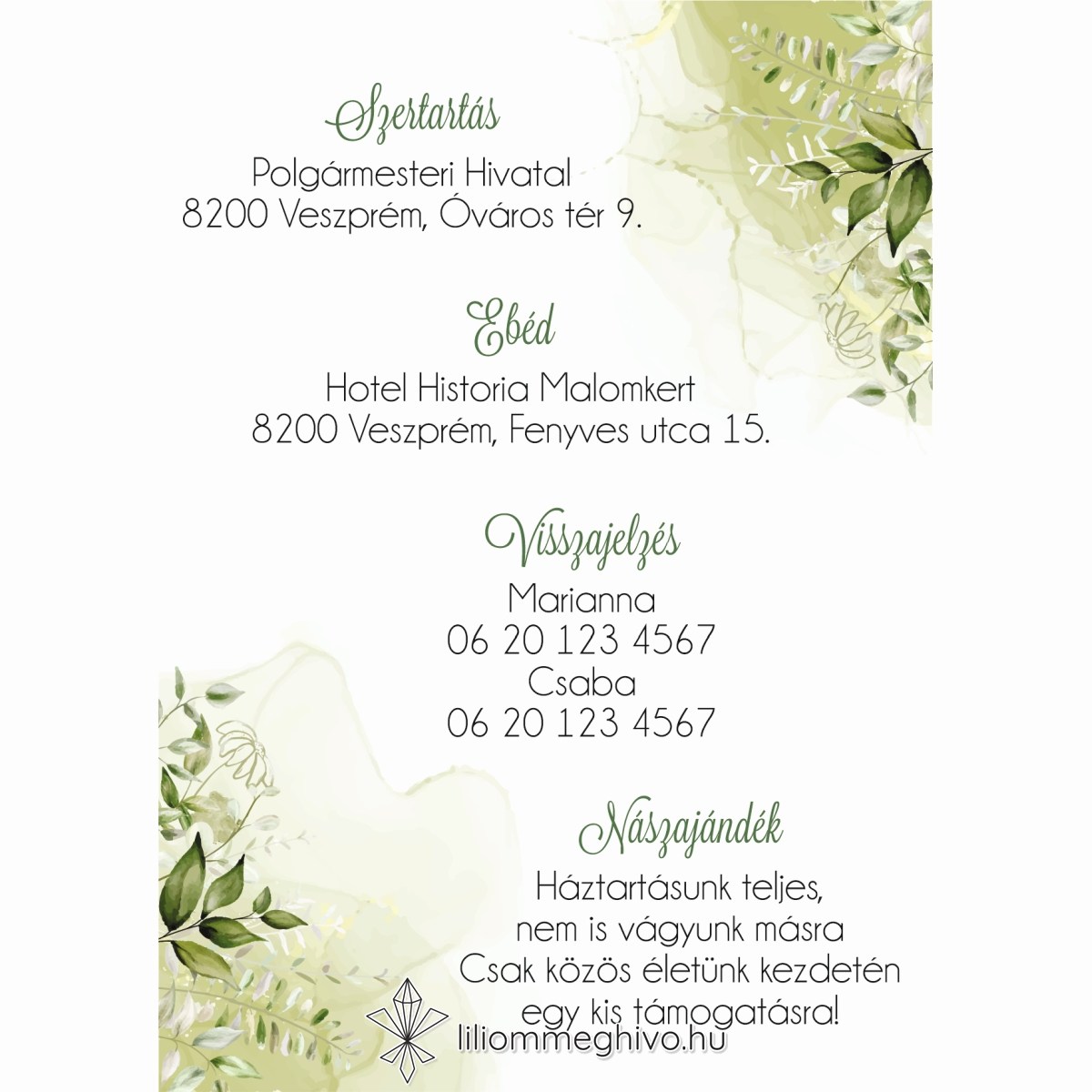 eskuvoi-infokartya-mezo-liliommeghivo Mező esküvői infókártya festett zöld virágokkal