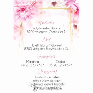 Tükör esküvői infókártya rózsaszín virágos kerettel