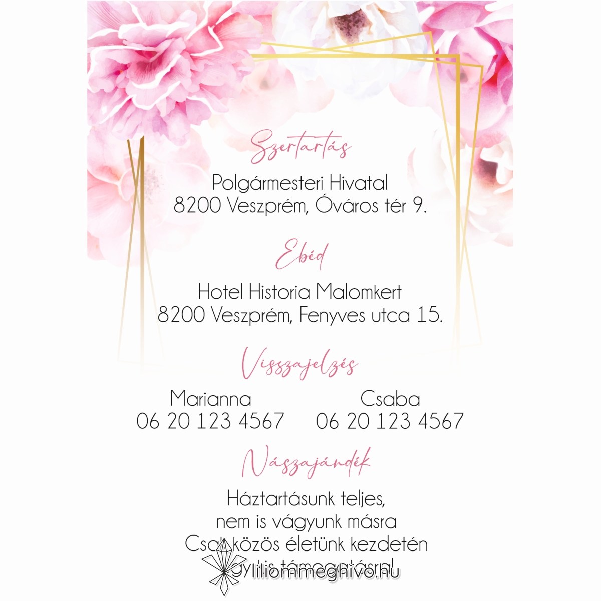 eskuvoi-infokartya-tukor-liliommeghivo Tükör esküvői infókártya rózsaszín virágos kerettel
