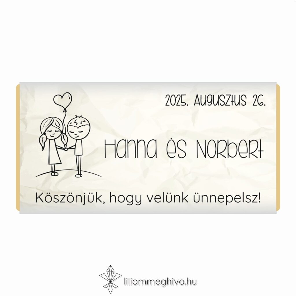 Cetli esküvői csoki köszönő ajándék gyűrt papírra emlékeztető nyomattal és aranyos grafikával