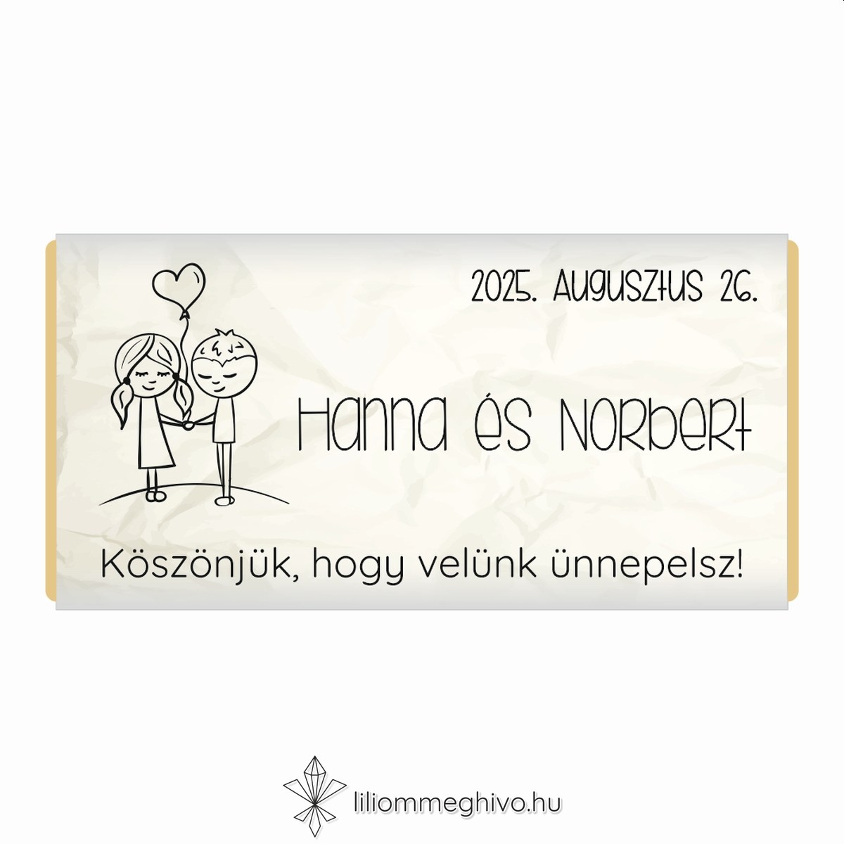 Cetli esküvői csoki köszönő ajándék gyűrt papírra emlékeztető nyomattal és aranyos grafikával