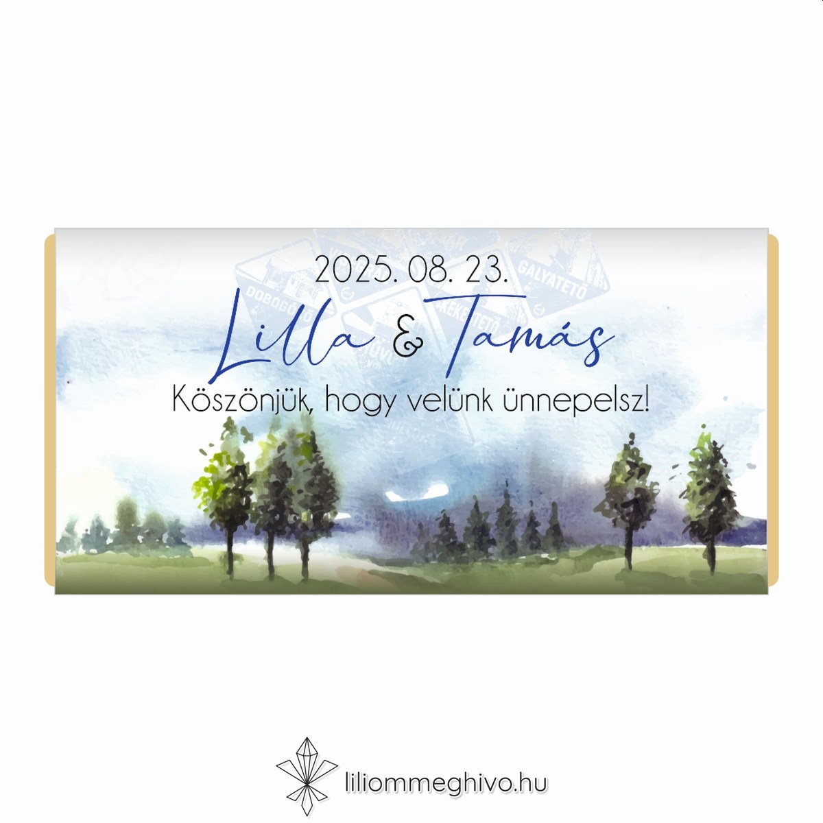eskuvoi-koszonetajandek-csoki-kektura-liliommeghivo Kéktúra esküvői csoki köszönetajándék festett papíron turista pecsétre emlékeztető nyomat