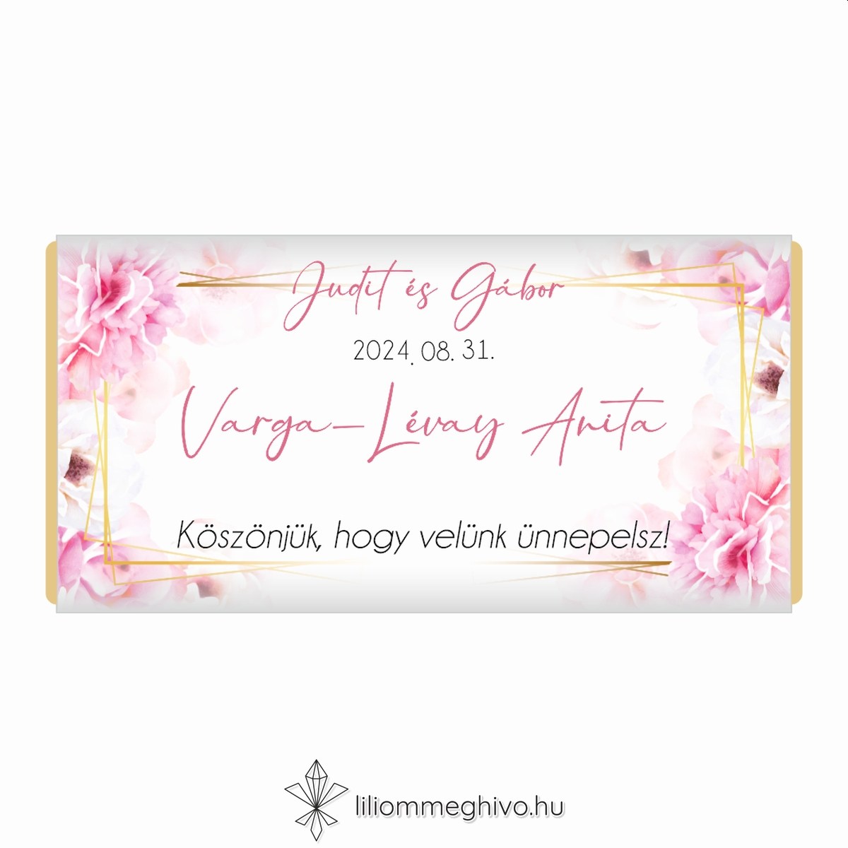 Tükör esküvői csokoládék köszönetajándék rózsaszín virágos kerettel ültetőkártyaként