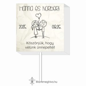 Cetli esküvői nyalóka köszönetajándék gyűrt papírra emlékeztető nyomattal és aranyos grafikával