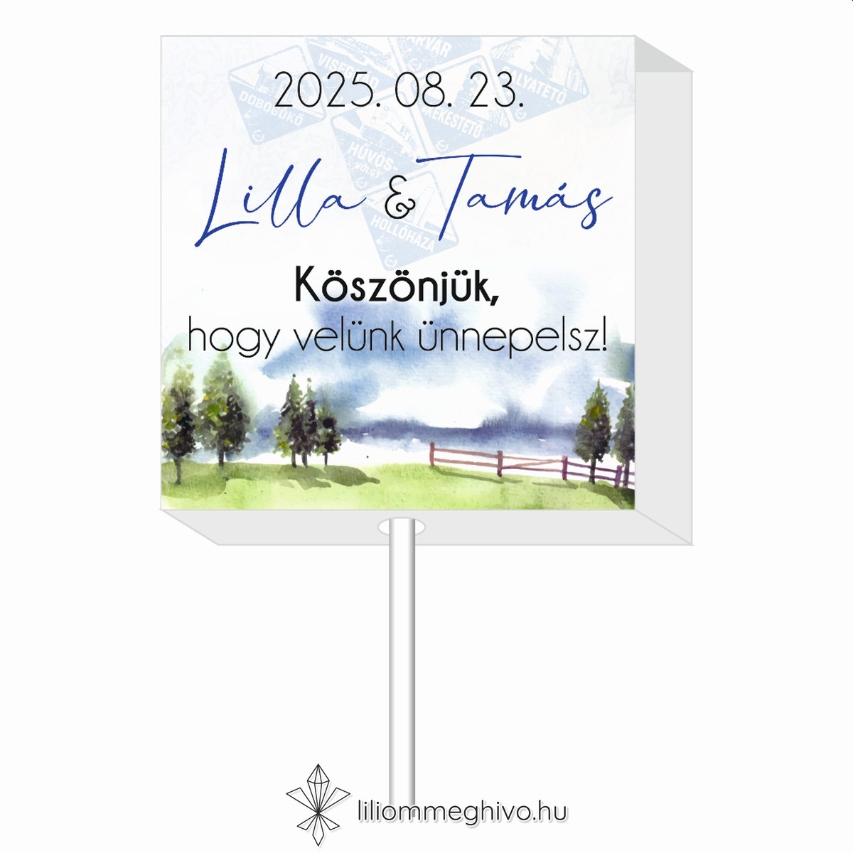 eskuvoi-koszonetajandek-nyaloka-kektura-liliommeghivo Kéktúra esküvői nyalóka köszönetajándék festett papíron turista pecsétre emlékeztető nyomat
