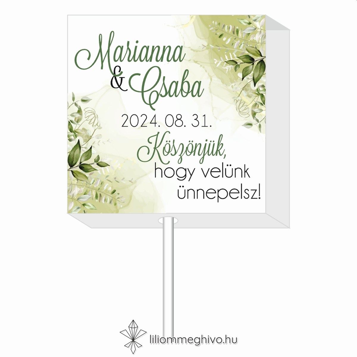 Mező esküvői nyalóka köszönetajándék festett zöld virágokkal