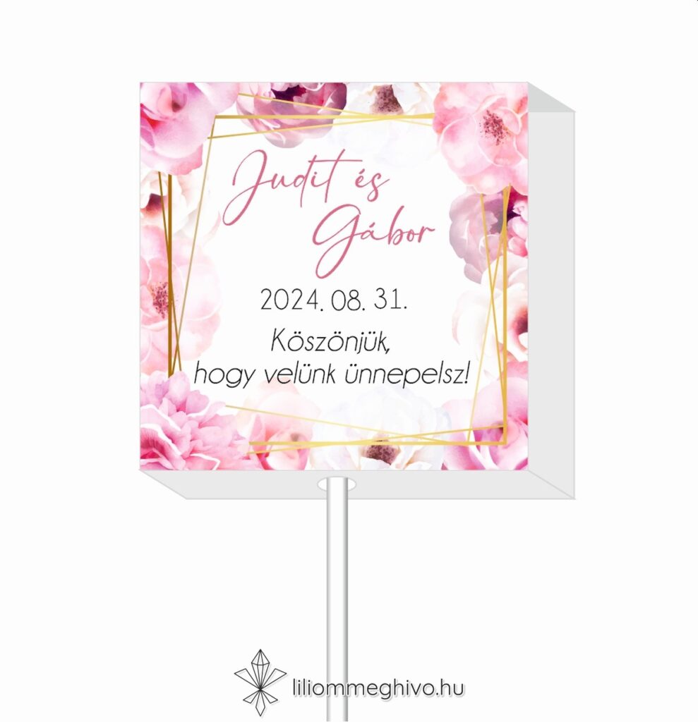 Tükör esküvői nyalóka köszönetajándék rózsaszín virágos kerettel