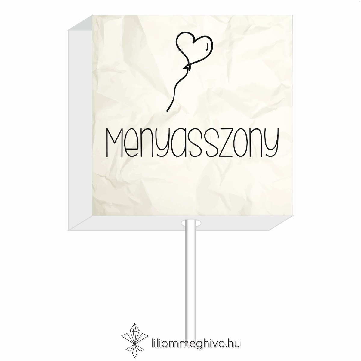 Cetli esküvői nyalóka köszönetajándék gyűrt papírra emlékeztető nyomattal és aranyos grafikával ültetőkártyaként