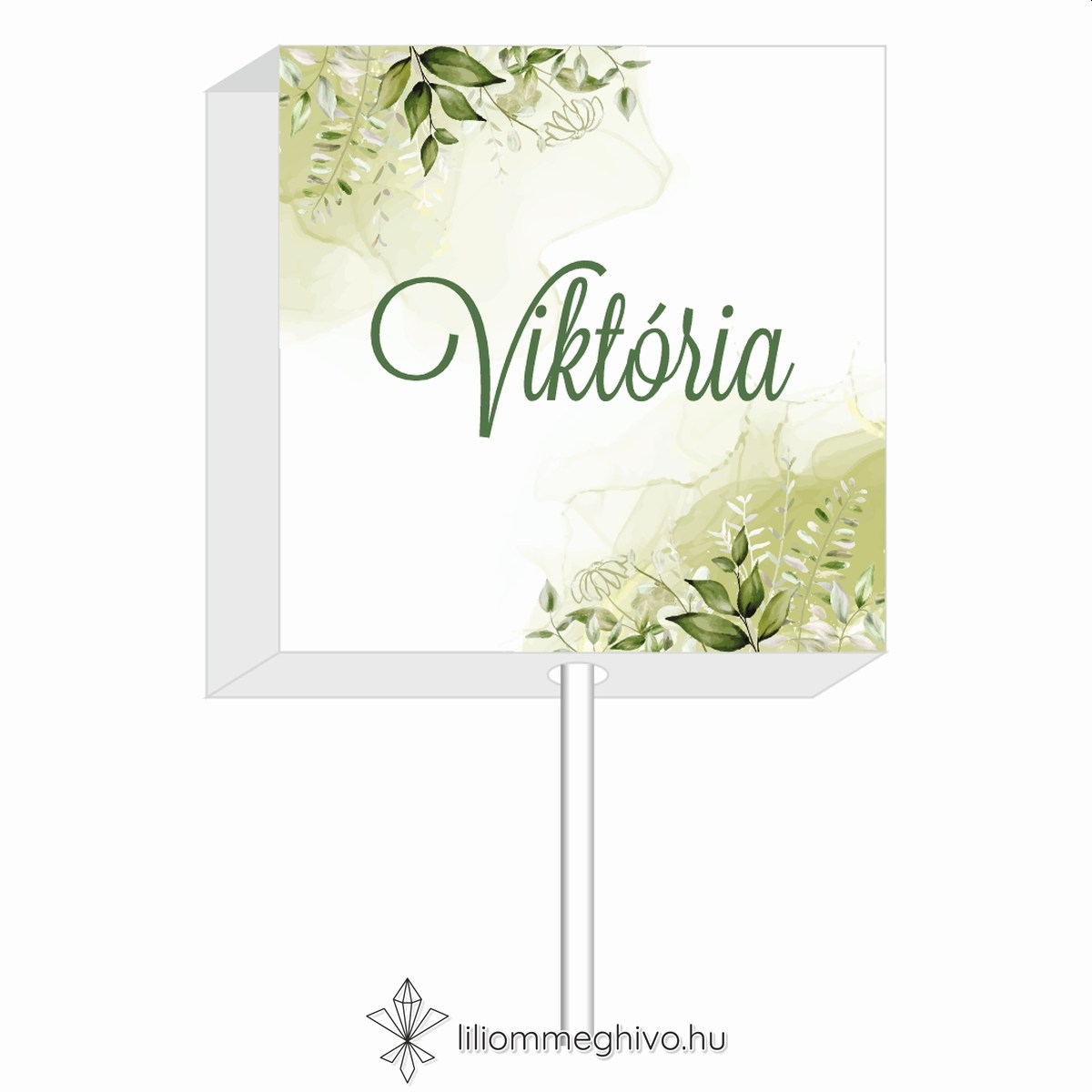 Mező esküvői nyalóka köszönetajándék festett zöld virágokkal ültetőkártya