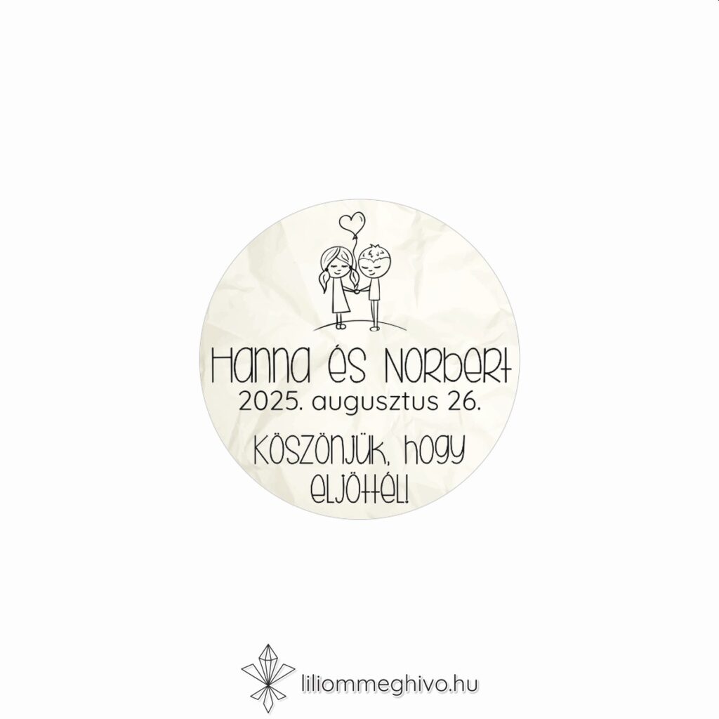 Cetli esküvői matrica gyűrt papírra emlékeztető nyomattal és aranyos grafikával kör alak