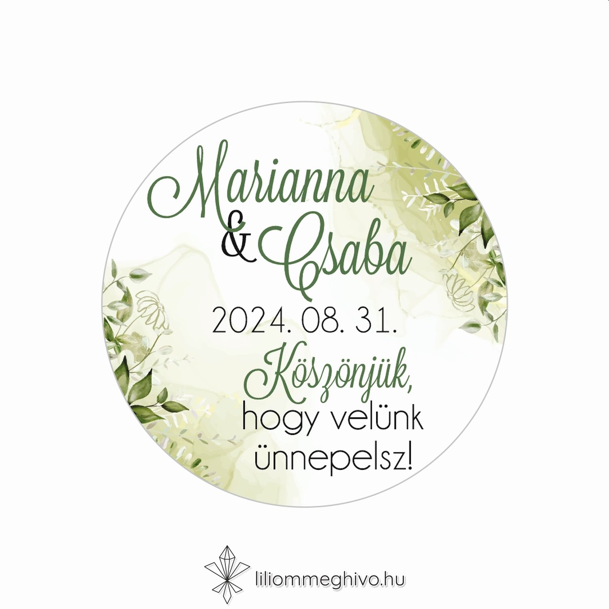 eskuvoi-matrica-kor-mezo-liliommeghivo Mező esküvői matrica festett zöld virágokkal kör alak