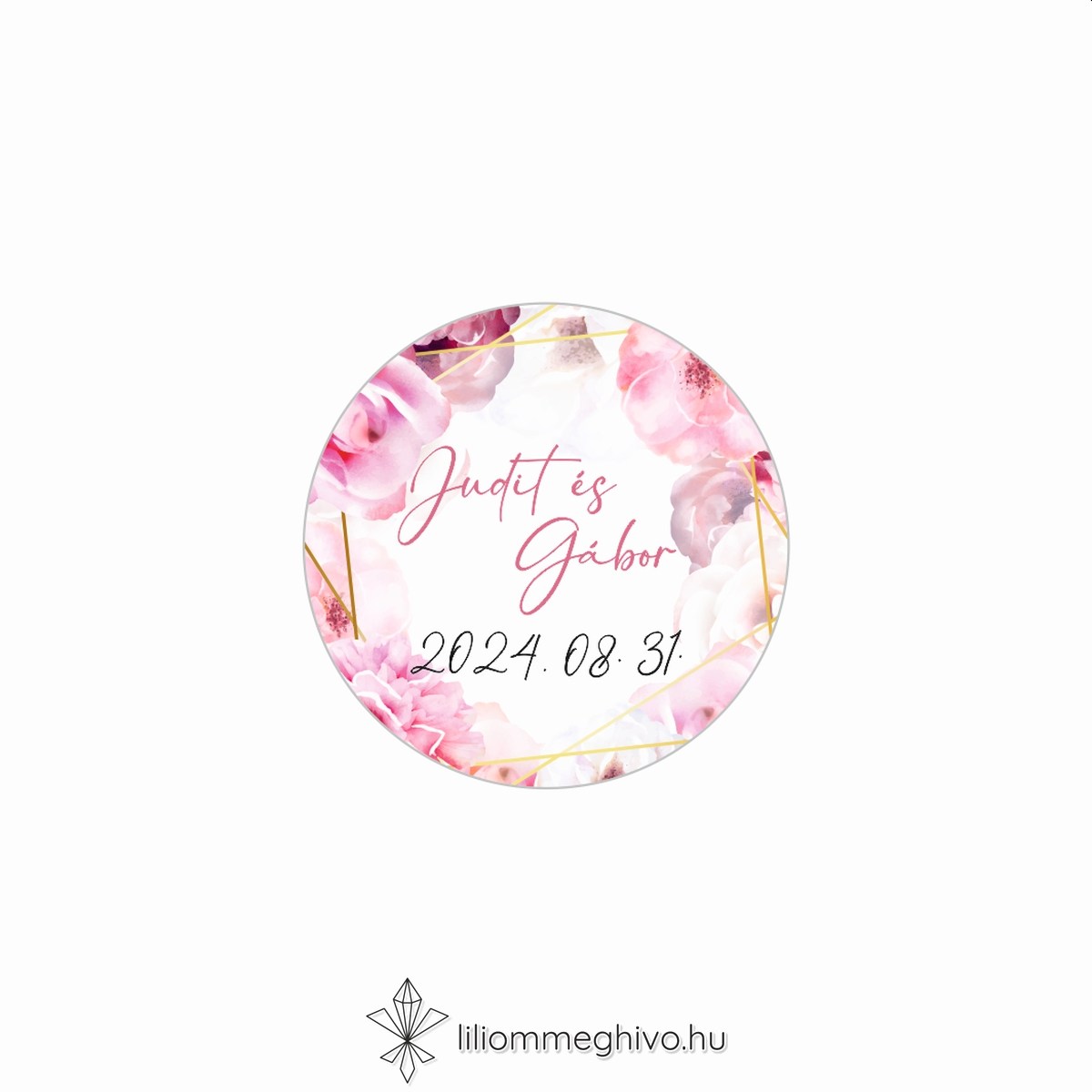 eskuvoi-matrica-kor-tukor-liliommeghivo Tükör esküvői matrica rózsaszín virágos kerettel kör alak