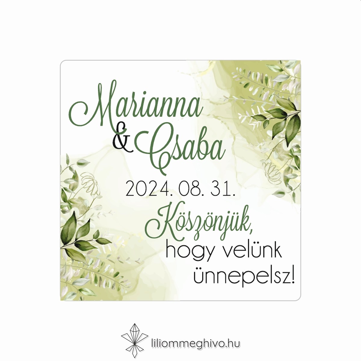 eskuvoi-matrica-negyzet-mezo-liliommeghivo Mező esküvői matrica festett zöld virágokkal négyzet alak