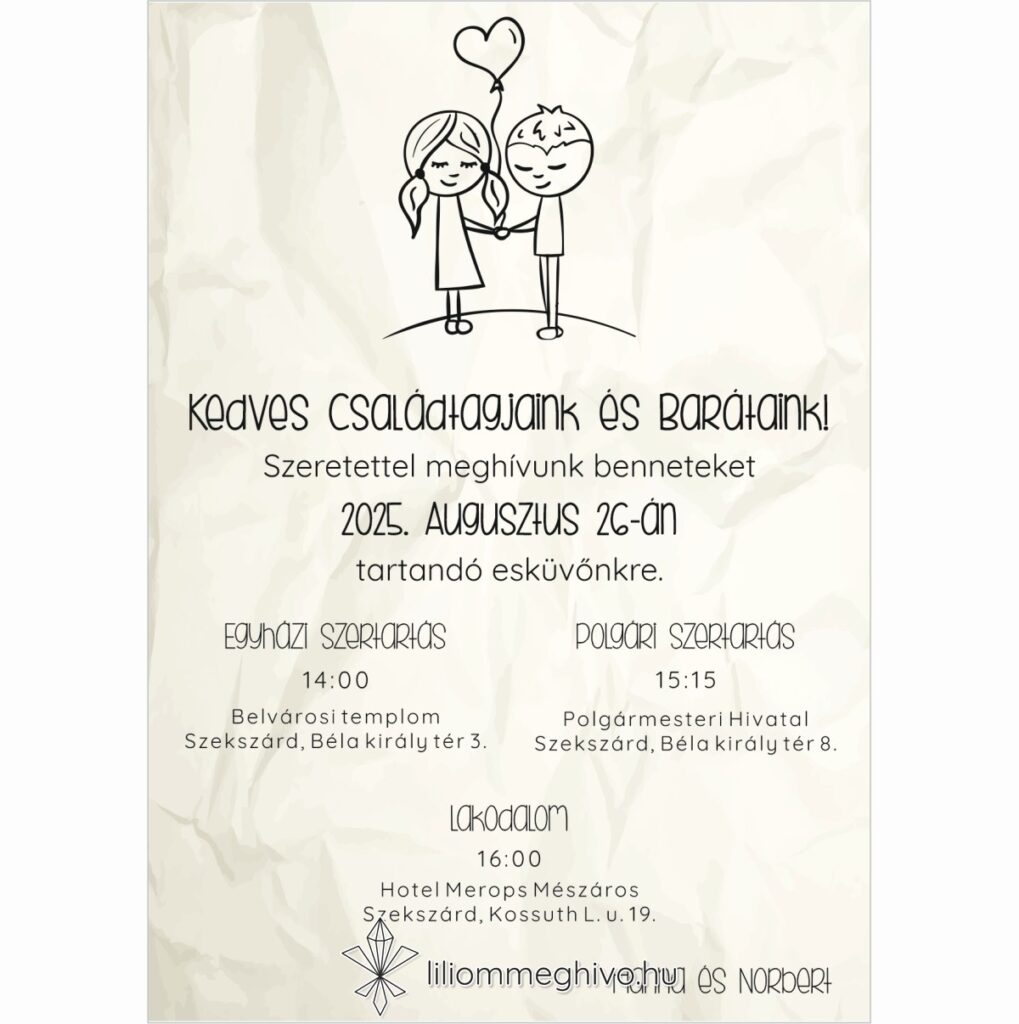 Cetli esküvői meghívó gyűrt papírra emlékeztető nyomattal és aranyos grafikával egyoldalas