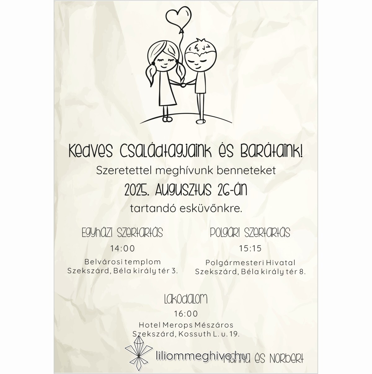 Cetli esküvői meghívó gyűrt papírra emlékeztető nyomattal és aranyos grafikával egyoldalas