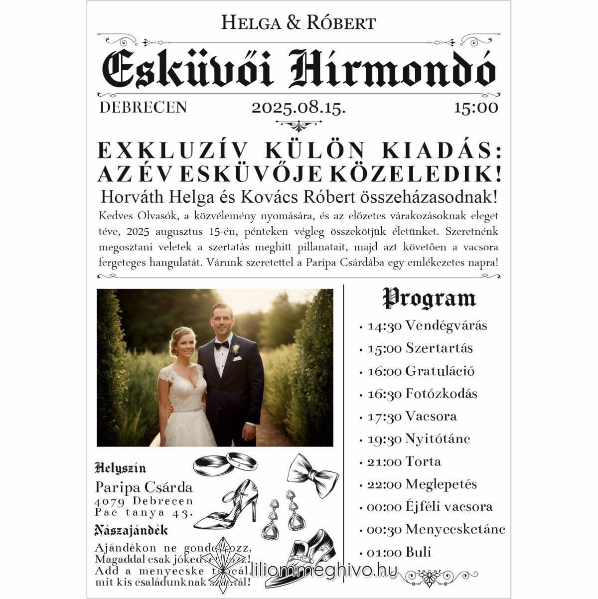 Hírmondó esküvői meghívó újság címlapra emlékeztető mintával fényképpel egyoldalas
