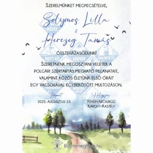 Kéktúra esküvői meghívó festett papíron turista pecsétre emlékeztető nyomat egyoldalas