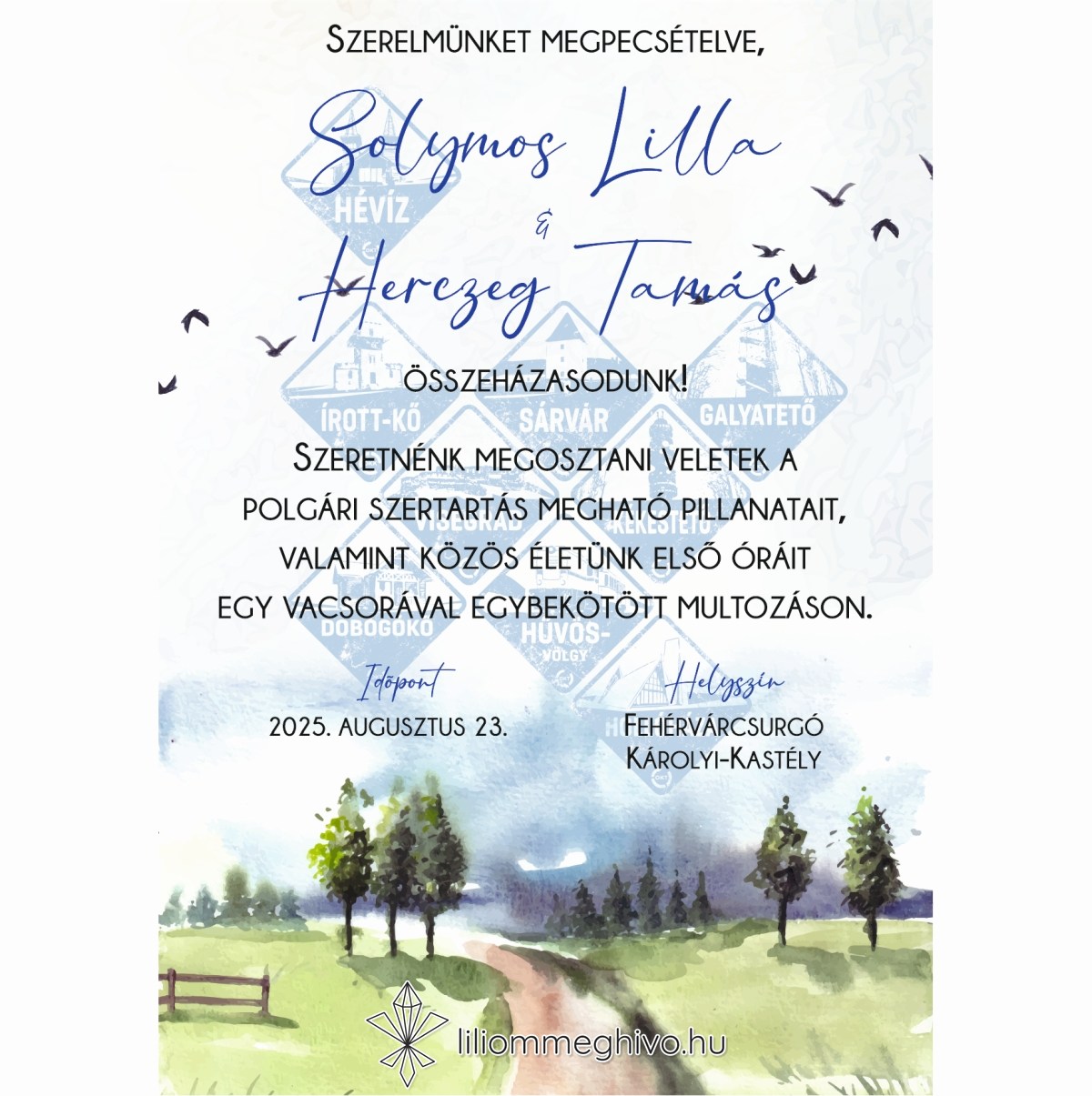 Kéktúra esküvői meghívó festett papíron turista pecsétre emlékeztető nyomat egyoldalas