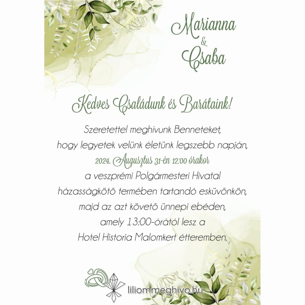 Mező esküvői meghívó festett zöld virágokkal egyoldalas