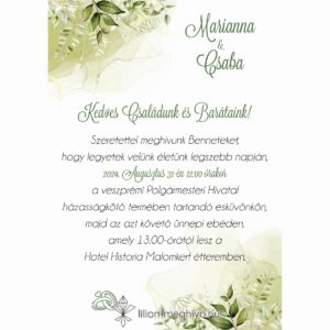Mező esküvői meghívó festett zöld virágokkal egyoldalas