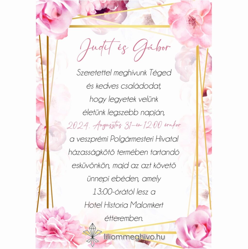 Tükör esküvői meghívó rózsaszín virágos kerettel egyoldalas