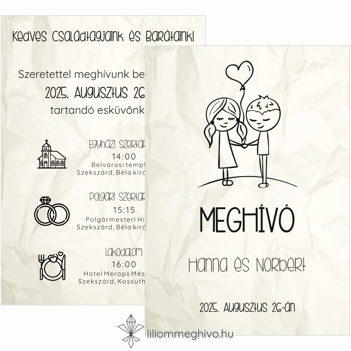 eskuvoi-meghivo-ketoldalas-cetli-liliommeghivo Cetli esküvői meghívó gyűrt papírra emlékeztető nyomattal és aranyos grafikával két oldalas