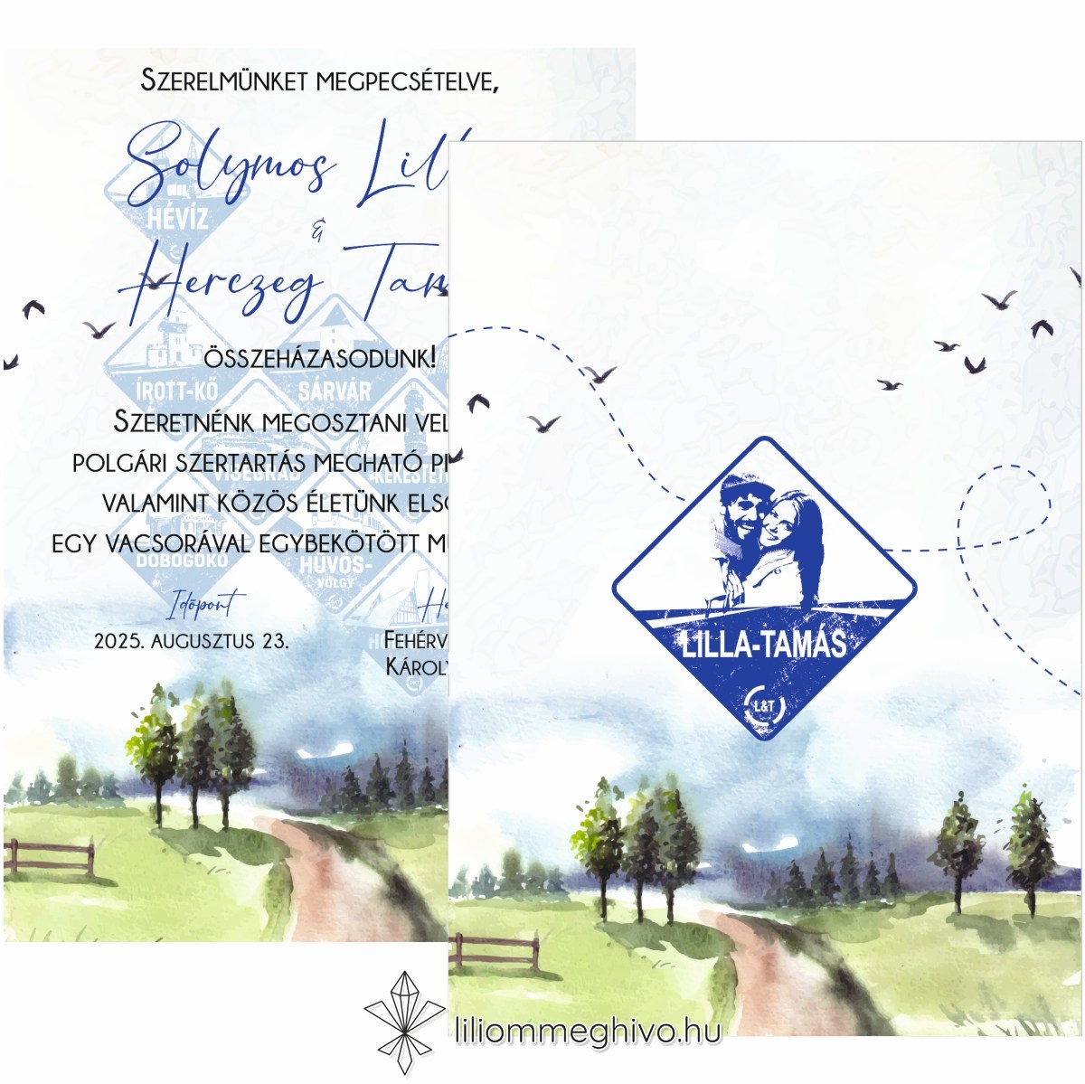 Kéktúra esküvői meghívó festett papíron turista pecsétre emlékeztető nyomat két oldalas