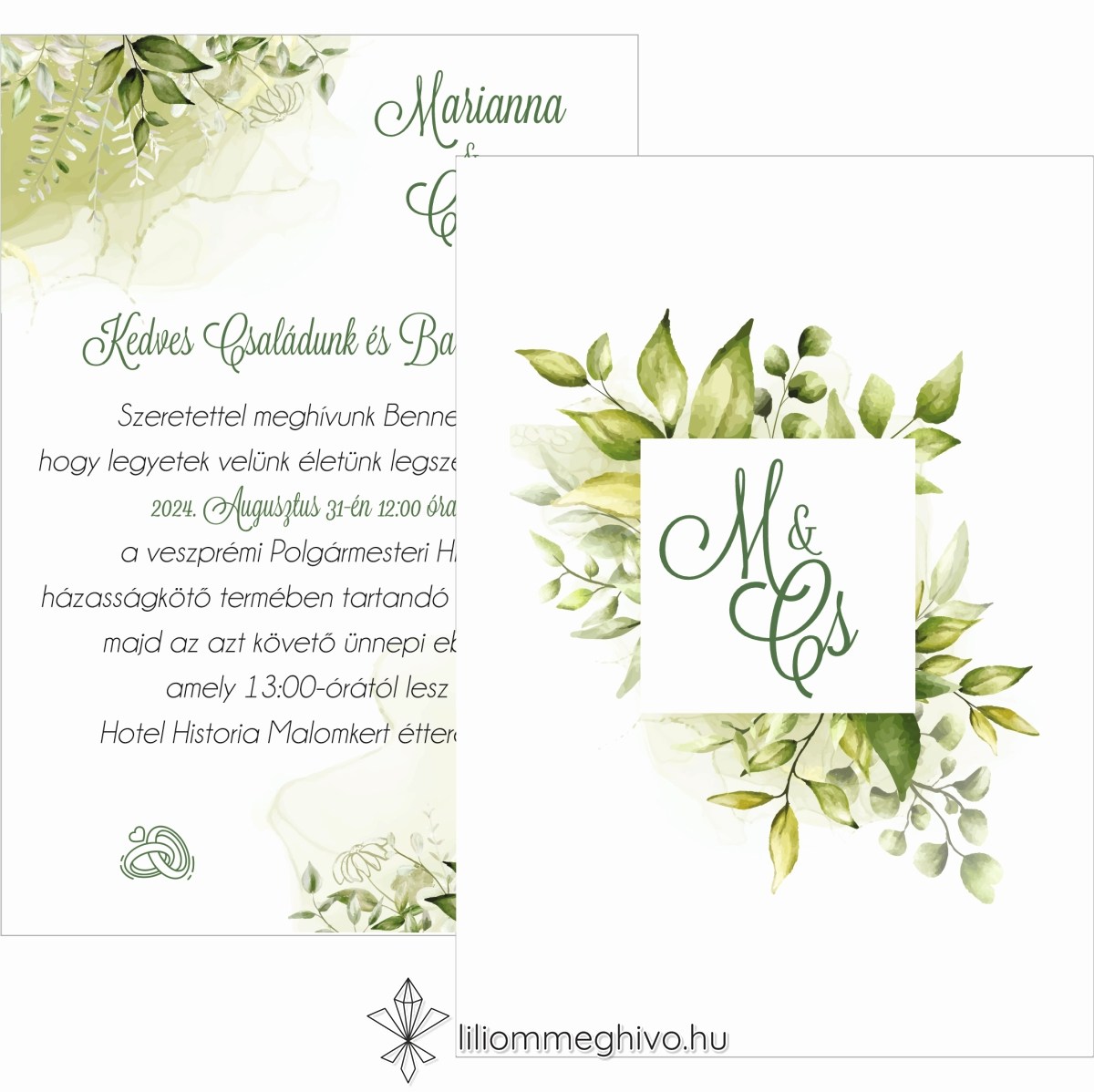 eskuvoi-meghivo-ketoldalas-mezo-liliommeghivo Mező esküvői meghívó festett zöld virágokkal két oldalas