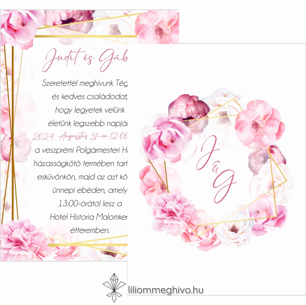 Tükör esküvői meghívó rózsaszín virágos kerettel két oldalas