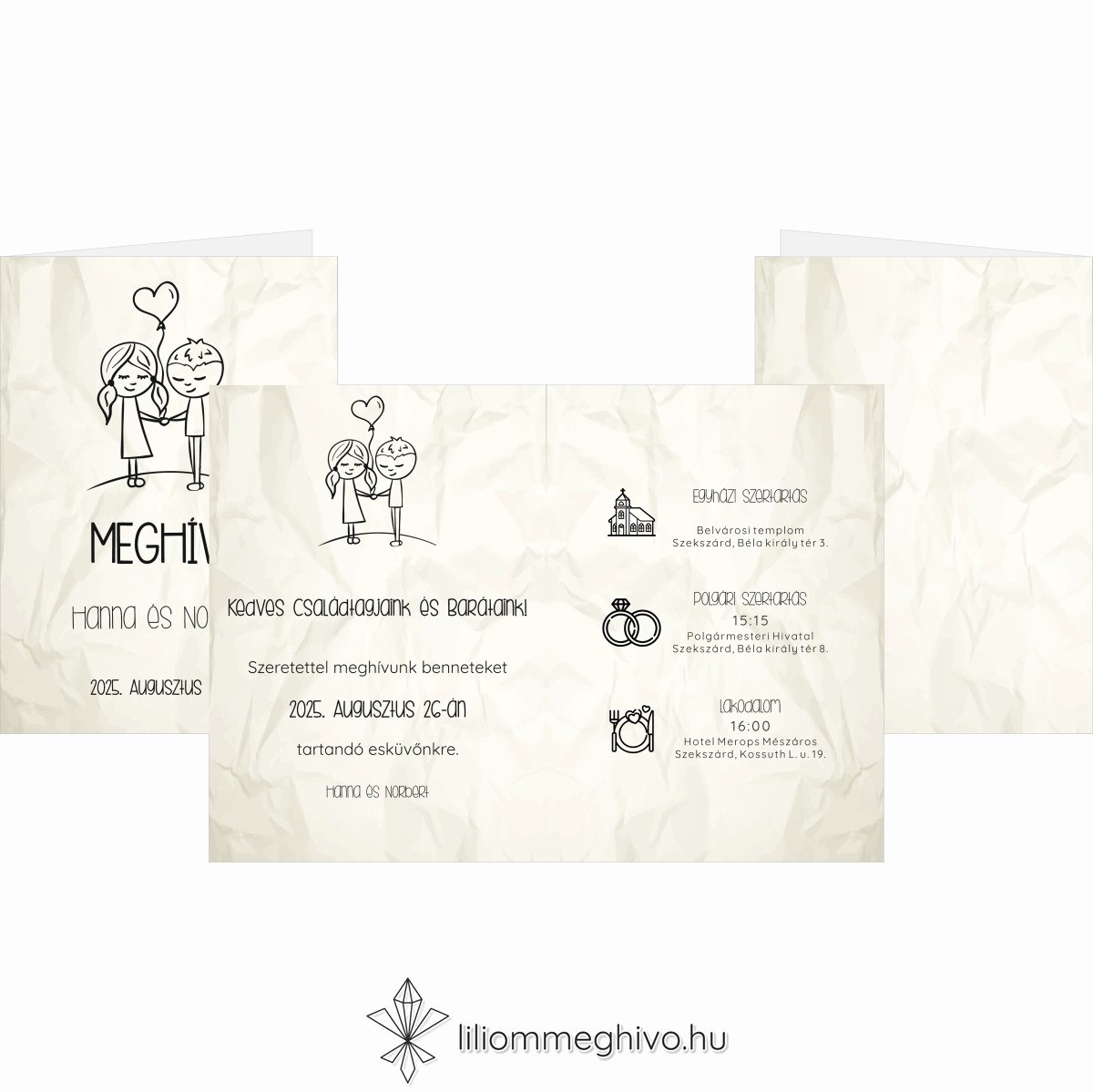 eskuvoi-meghivo-negyoldalas-cetli-liliommeghivo Cetli esküvői meghívó gyűrt papírra emlékeztető nyomattal és aranyos grafikával négy oldalas