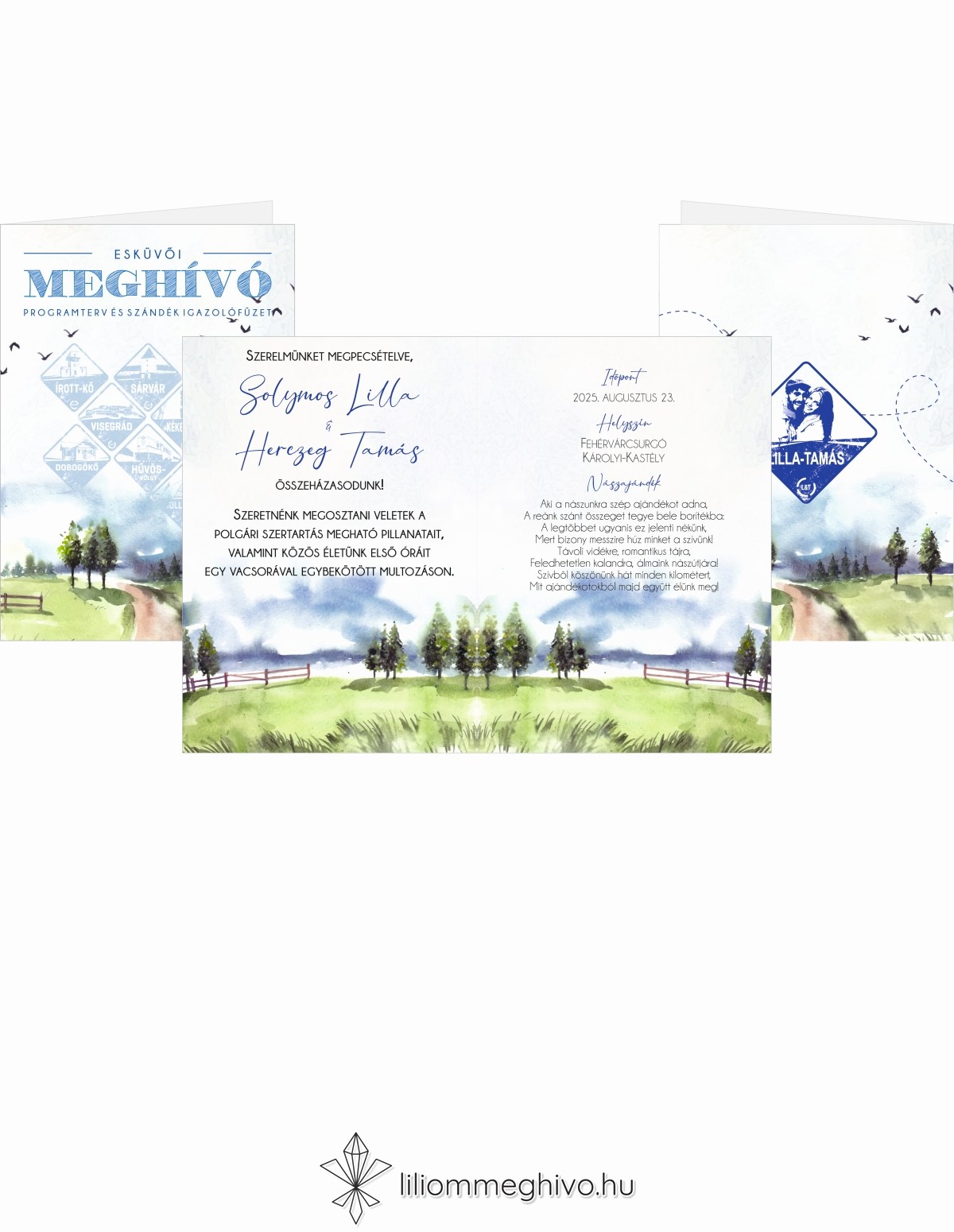 Kéktúra esküvői meghívó festett papíron turista pecsétre emlékeztető nyomat négy oldalas