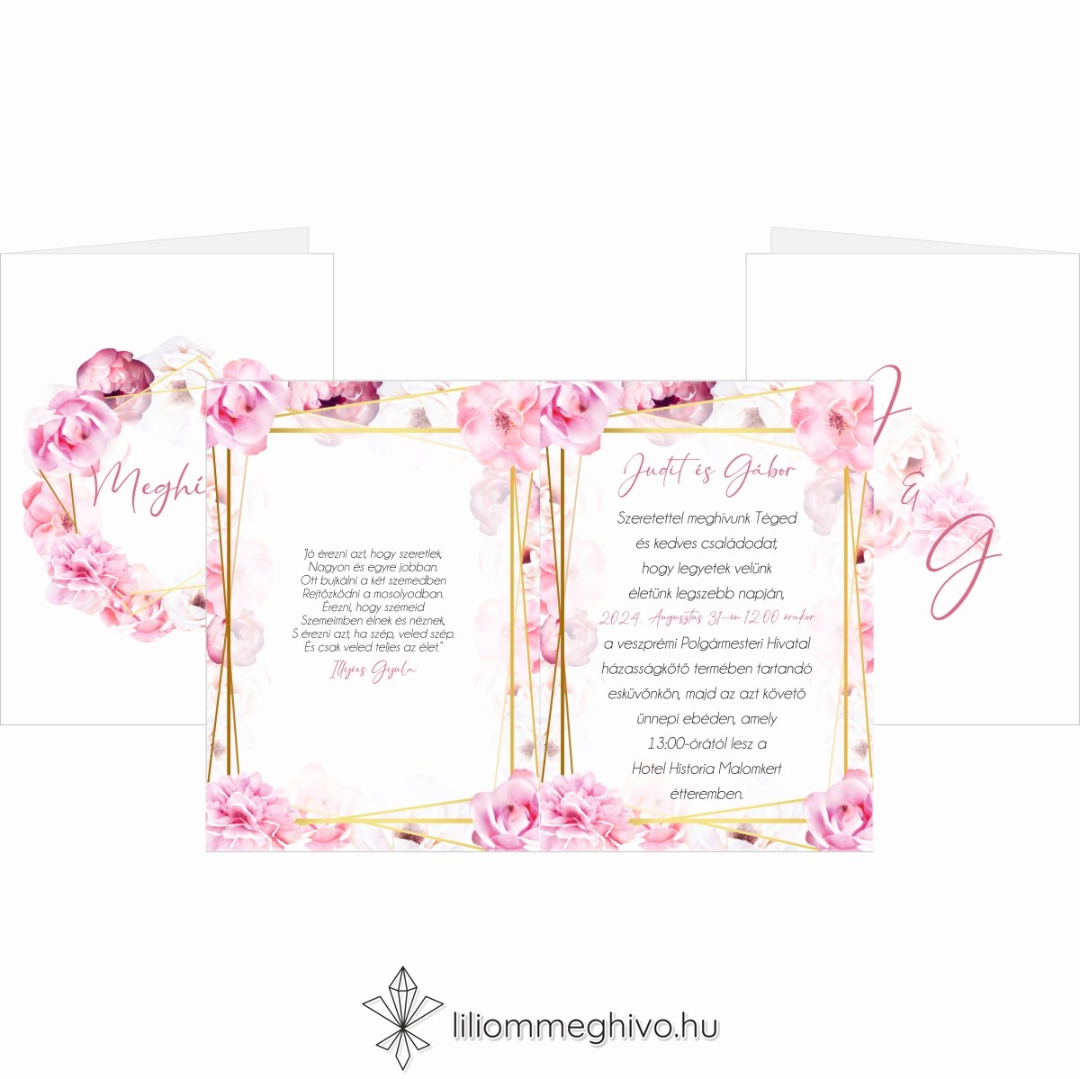 Tükör esküvői meghívó rózsaszín virágos kerettel négy oldalas