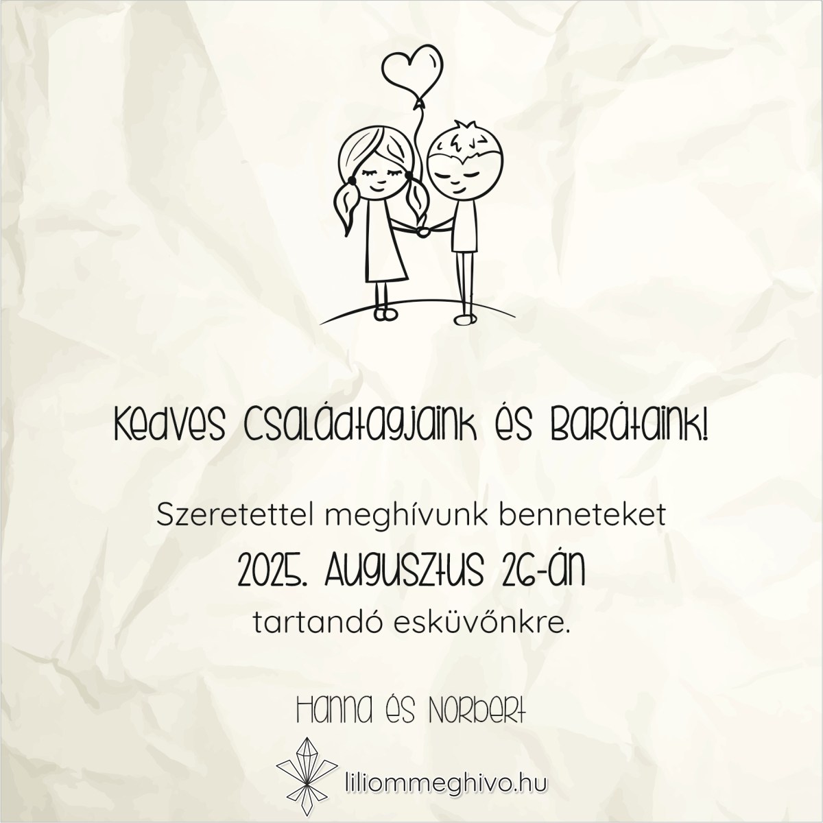 eskuvoi-meghivo-negyzetes-cetli-liliommeghivo Cetli esküvői meghívó gyűrt papírra emlékeztető nyomattal és aranyos grafikával négyzetes