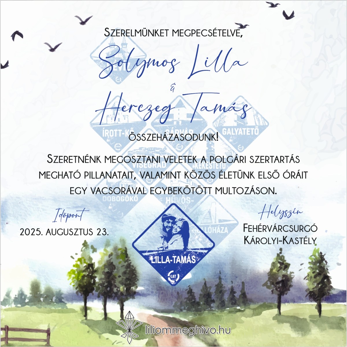 Kéktúra esküvői meghívó festett papíron turista pecsétre emlékeztető nyomat négyzetes