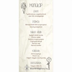 Cetli esküvői menükártya gyűrt papírra emlékeztető nyomattal és aranyos grafikával egyoldalas