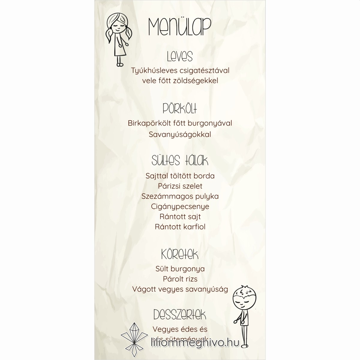 eskuvoi-menu-egyoldalas-cetli-liliommeghivo Cetli esküvői menükártya gyűrt papírra emlékeztető nyomattal és aranyos grafikával egyoldalas