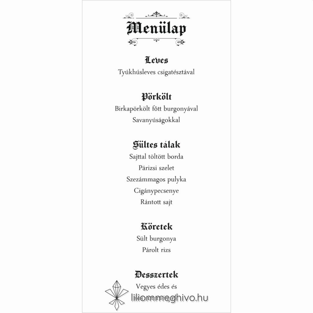 Hírmondó esküvői menükártya újság címlapra emlékeztető mintával egyoldalas