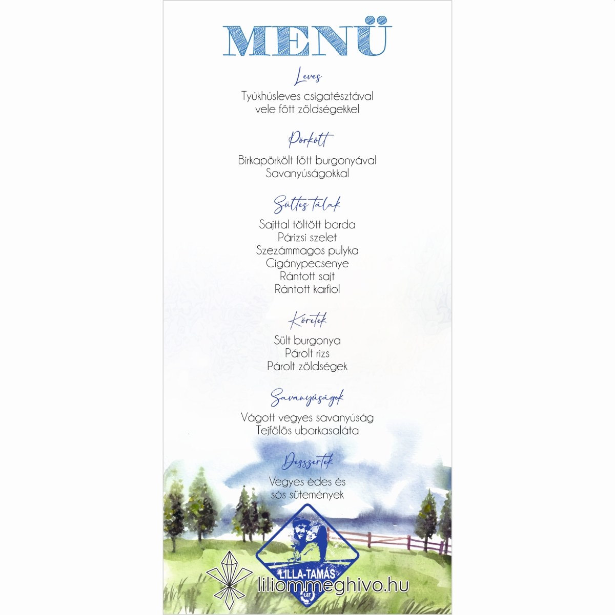 Kéktúra esküvői menükártya festett papíron turista pecsétre emlékeztető nyomat egyoldalas