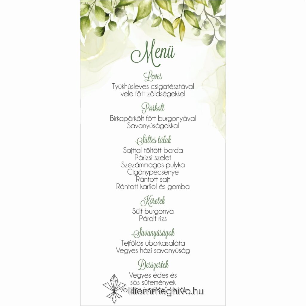 Mező esküvői menükártya festett zöld virágokkal egyoldalas