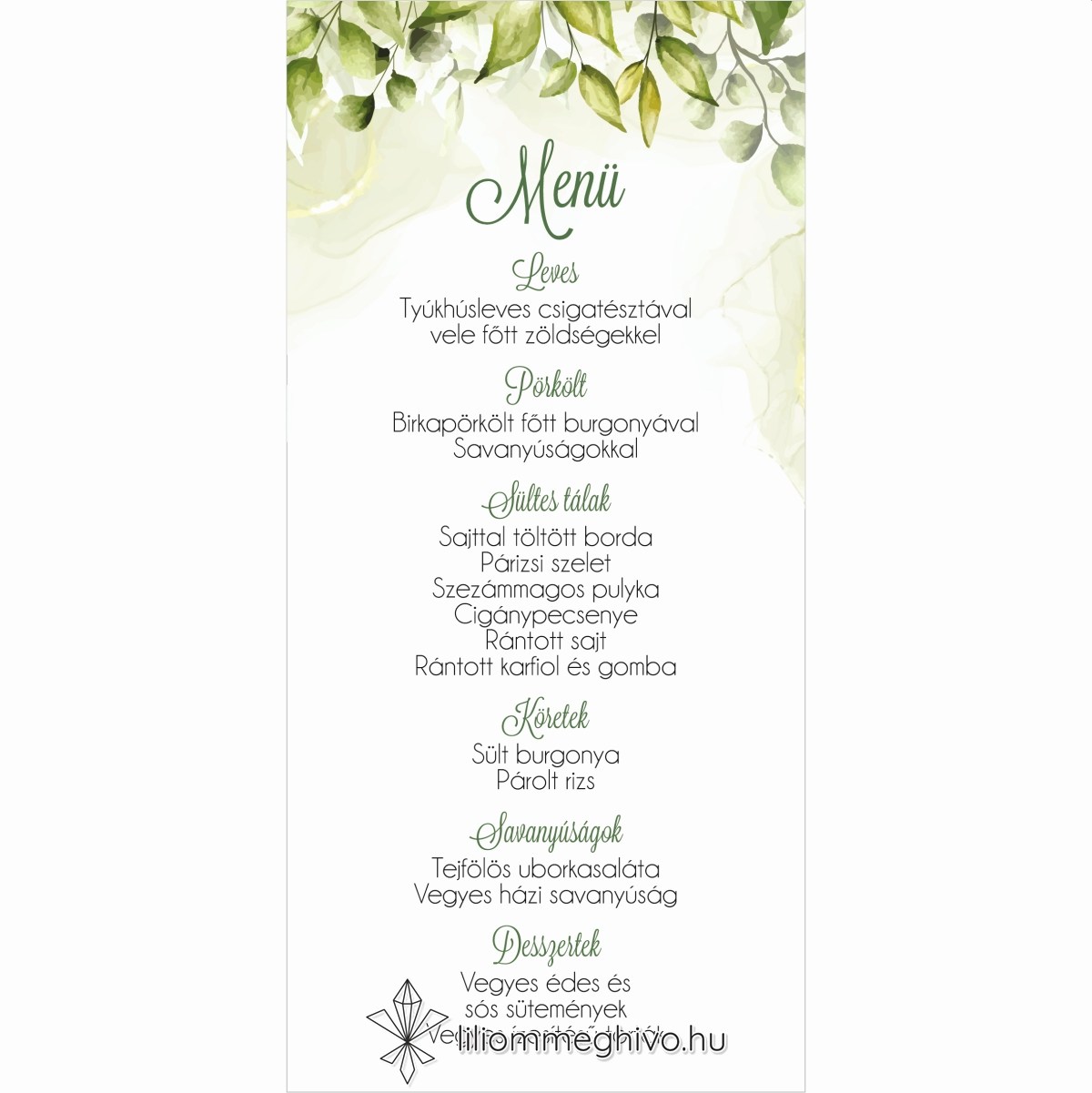 eskuvoi-menu-egyoldalas-mezo-liliommeghivo Mező esküvői menükártya festett zöld virágokkal egyoldalas
