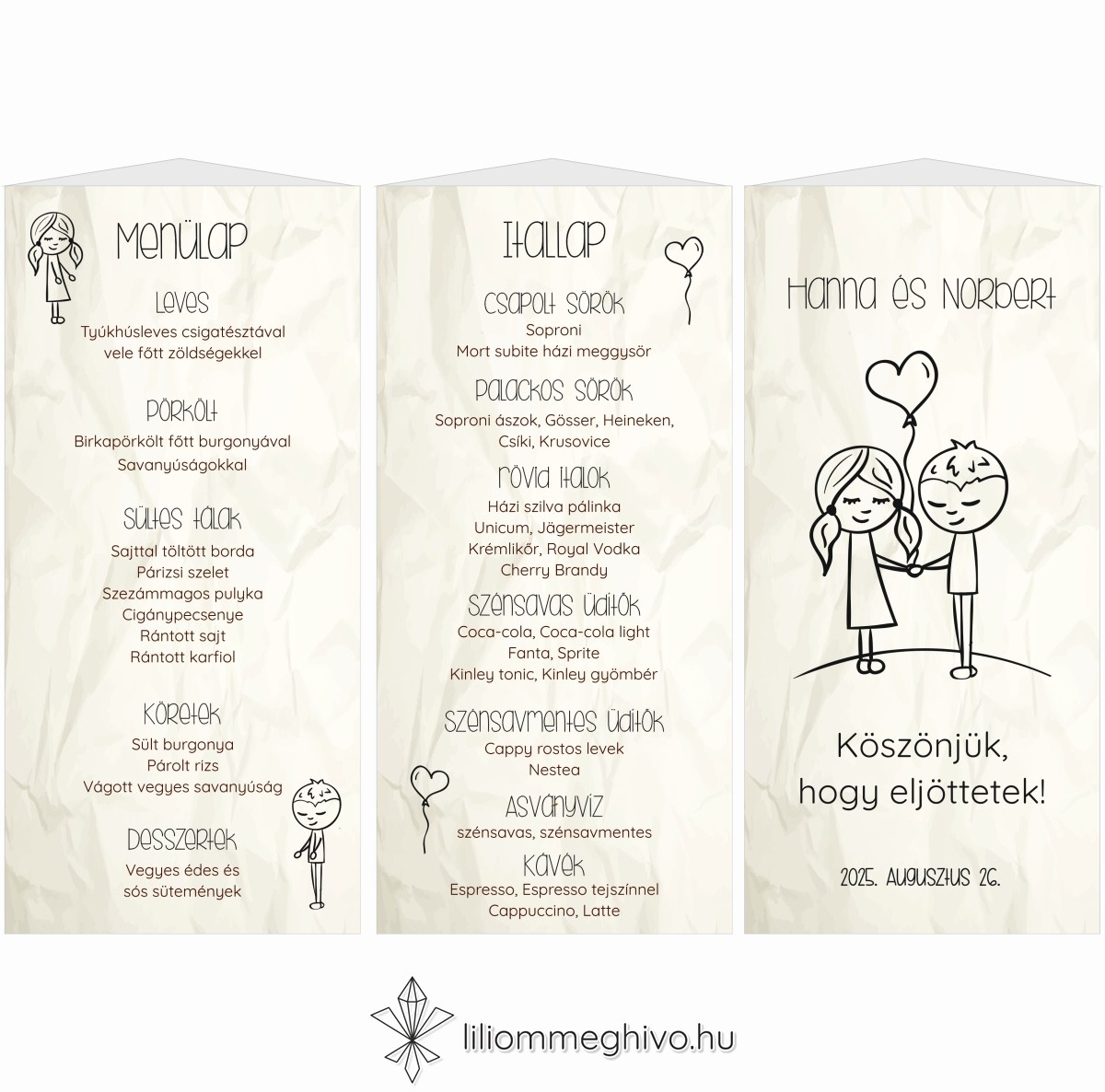 eskuvoi-menu-haromoldalas-cetli-liliommeghivo Cetli esküvői menükártya gyűrt papírra emlékeztető nyomattal és aranyos grafikával menüháromszög