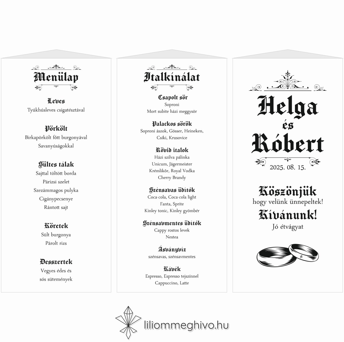 Hírmondó esküvői menükártya újság címlapra emlékeztető mintával menüháromszög