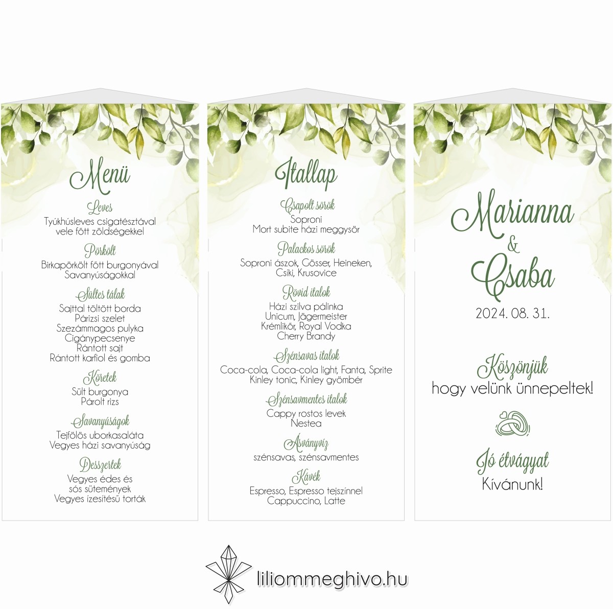eskuvoi-menu-haromoldalas-mezo-liliommeghivo Mező esküvői menükártya festett zöld virágokkal menüháromszög