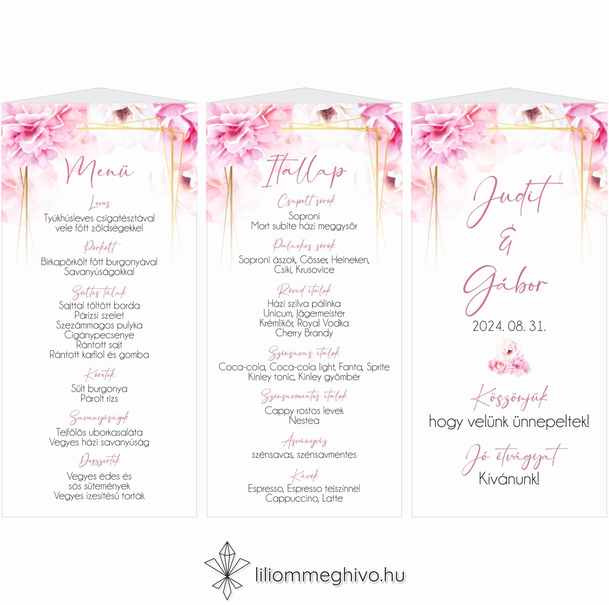 Tükör esküvői menükártya rózsaszín virágos kerettel menüháromszög