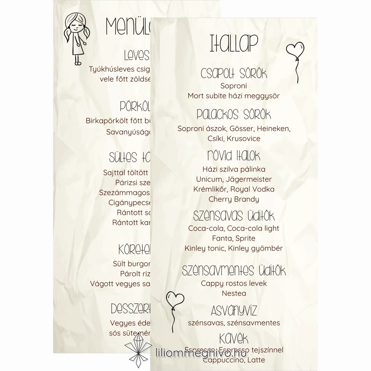 eskuvoi-menu-ketoldalas-cetli-liliommeghivo Cetli esküvői menükártya gyűrt papírra emlékeztető nyomattal és aranyos grafikával két oldalas