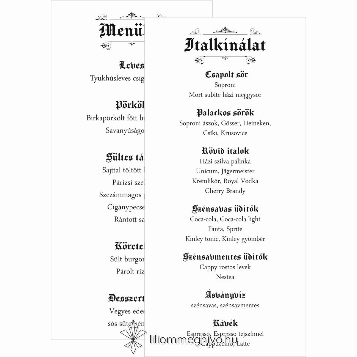 Hírmondó esküvői menükártya újság címlapra emlékeztető mintával két oldalas