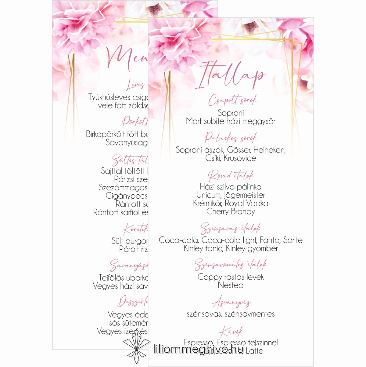 Tükör esküvői menükártya rózsaszín virágos kerettel két oldalas