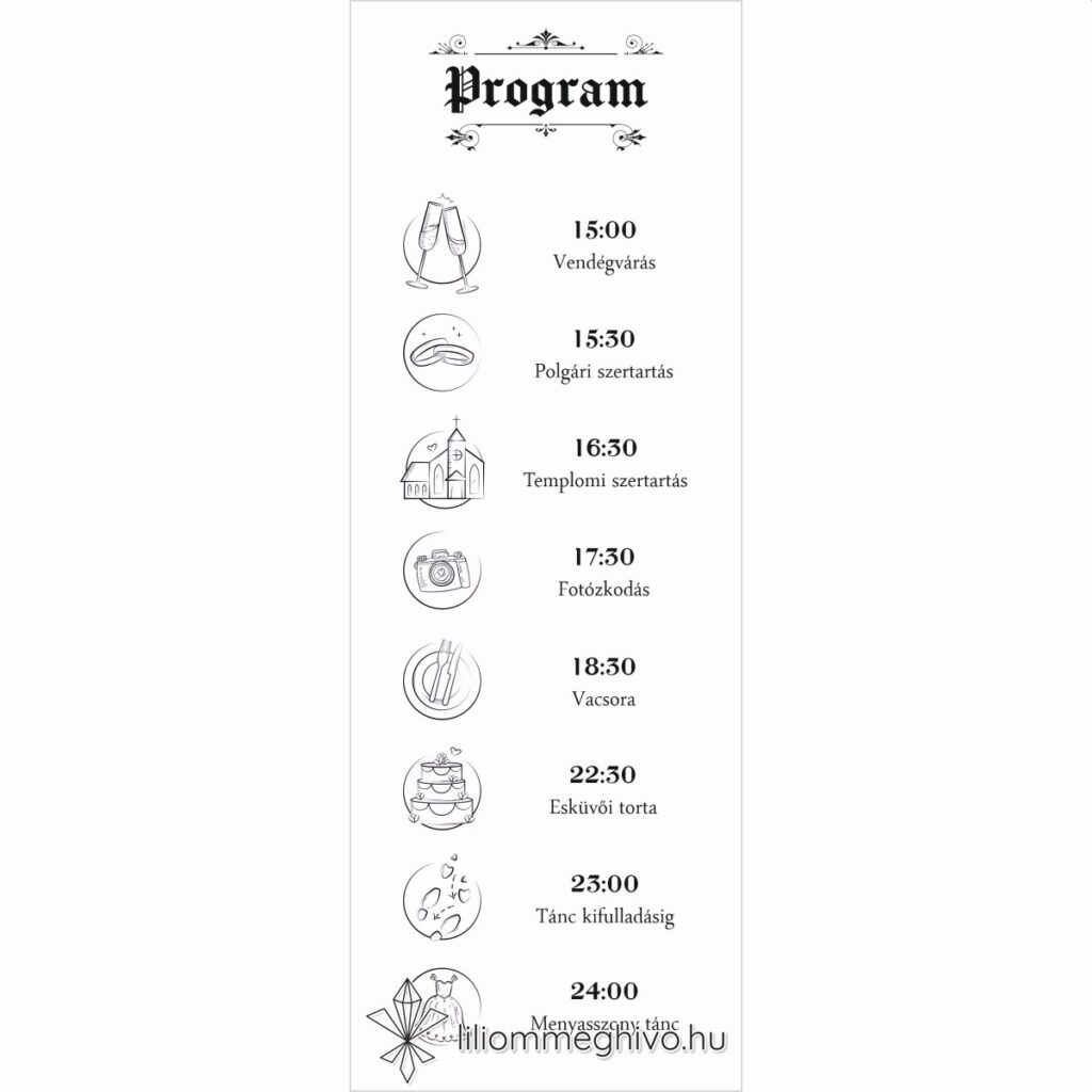 Hírmondó esküvői programkártya újság címlapra emlékeztető mintával