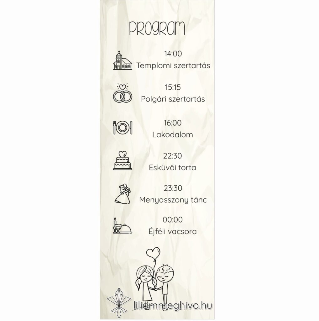 Cetli esküvői programkártya gyűrt papírra emlékeztető nyomattal és aranyos grafikával