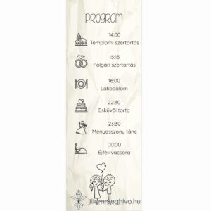 Cetli esküvői programkártya gyűrt papírra emlékeztető nyomattal és aranyos grafikával